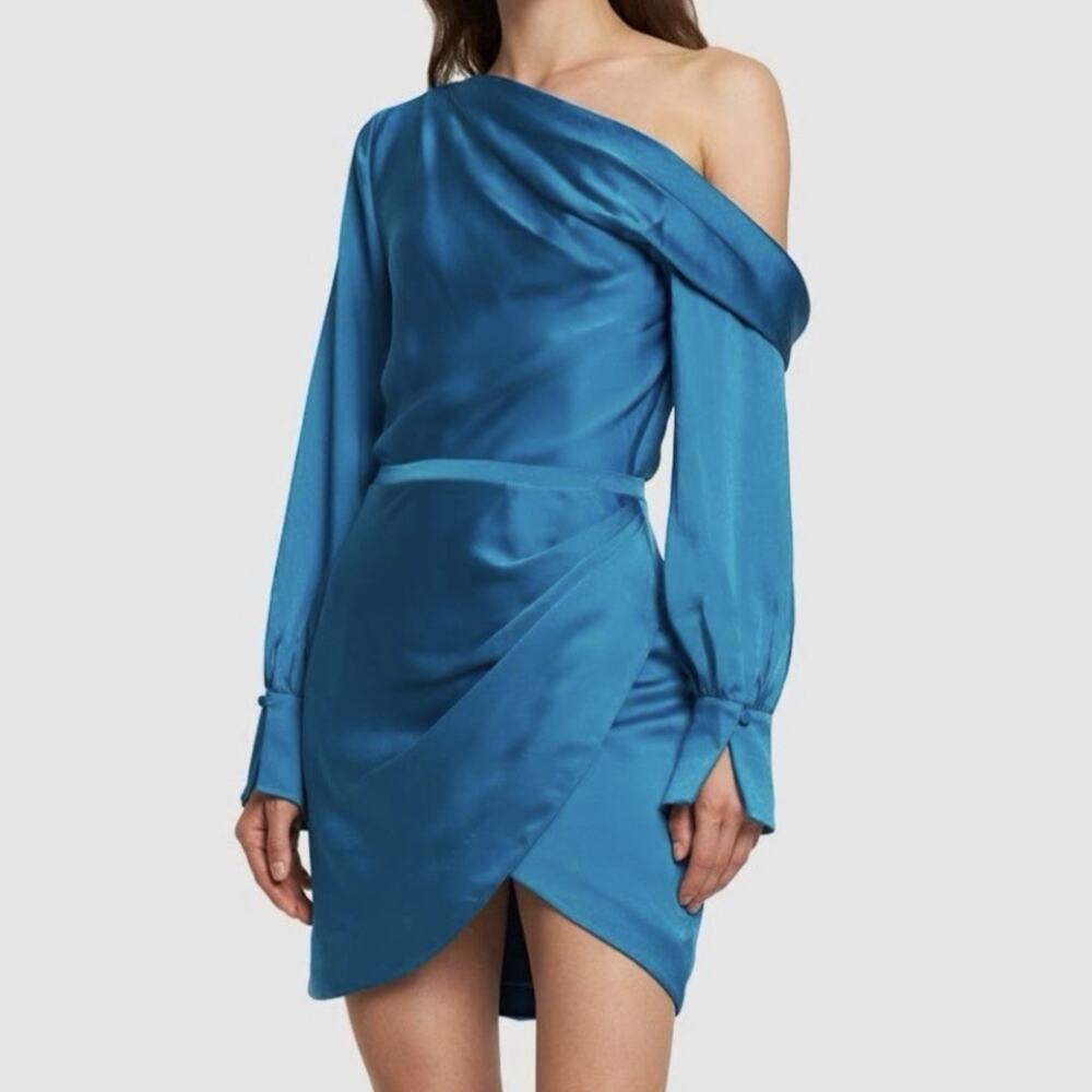 Simkhai Cameron Mini Dress Size 4 Blue Draped One Shoulder Sexy Party Cocktail